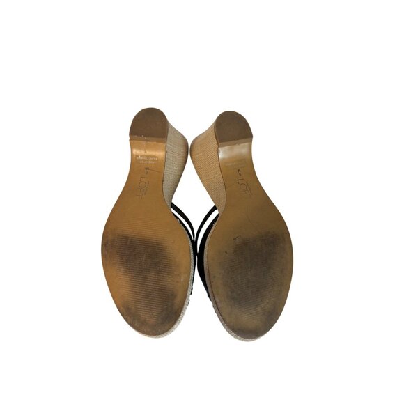 Ann Taylor Loft Leather Black Strappy Wedge Sandals Open Toe Womens 8 Woven Heel - Picture 7 of 12